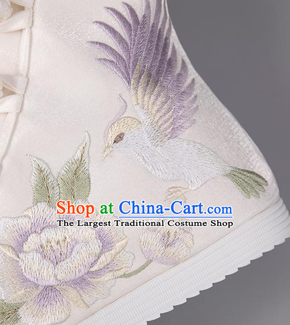 Chinese Handmade Cloth Shoes Embroidered Peony Bird Boots Ancient White Hanfu Shoes