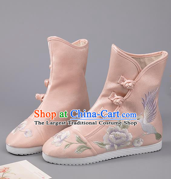 Chinese Embroidered Peony Bird Boots Ancient Pink Hanfu Shoes Handmade Cloth Shoes