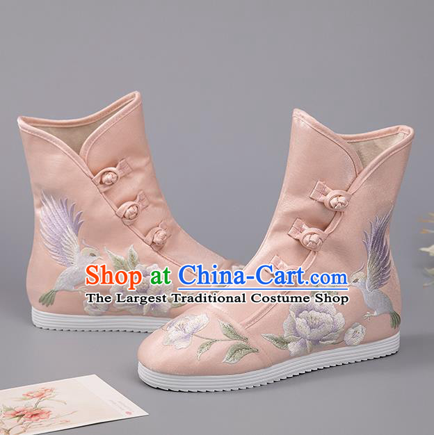 Chinese Embroidered Peony Bird Boots Ancient Pink Hanfu Shoes Handmade Cloth Shoes