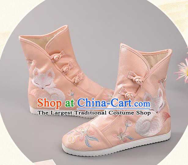 Chinese Ancient Hanfu Shoes Handmade Pink Cloth Boots National Embroidered Fox Boots