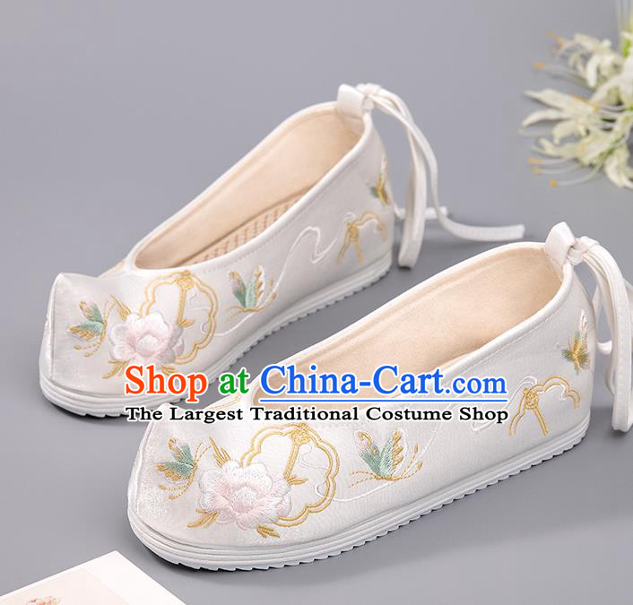 China Handmade Tang Dynasty White Shoes Embroidered Peony Shoes Hanfu Shoes Ancient Princess Shoes