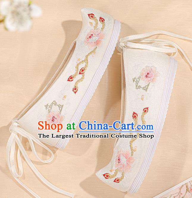 China Embroidered Peony Shoes Female Shoes Hanfu Shoes Handmade White Cloth Shoes Ming Dynasty Shoes