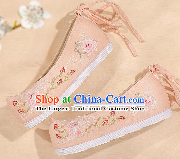 China Ming Dynasty Princess Shoes Embroidered Peony Shoes Female Shoes Hanfu Shoes Handmade Pink Cloth Shoes