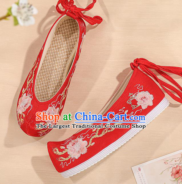 China Bride Shoes Hanfu Shoes Ming Dynasty Princess Shoes Embroidered Peony Shoes Handmade Red Cloth Shoes Female Shoes