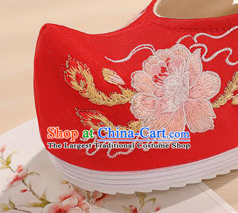 China Bride Shoes Hanfu Shoes Ming Dynasty Princess Shoes Embroidered Peony Shoes Handmade Red Cloth Shoes Female Shoes
