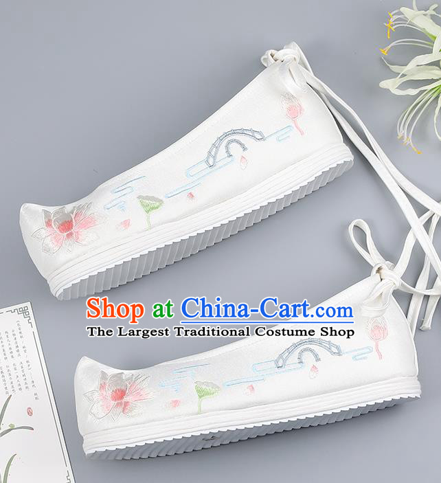 China Embroidered Lotus Shoes Han Dynasty Shoes Traditional Hanfu Shoes Princess Shoes White Cloth Shoes