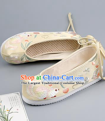 China Yellow Bow Shoes Traditional Hanfu Shoes Handmade Cloth Shoes Ancient Princess Embroidered Squirrel Shoes