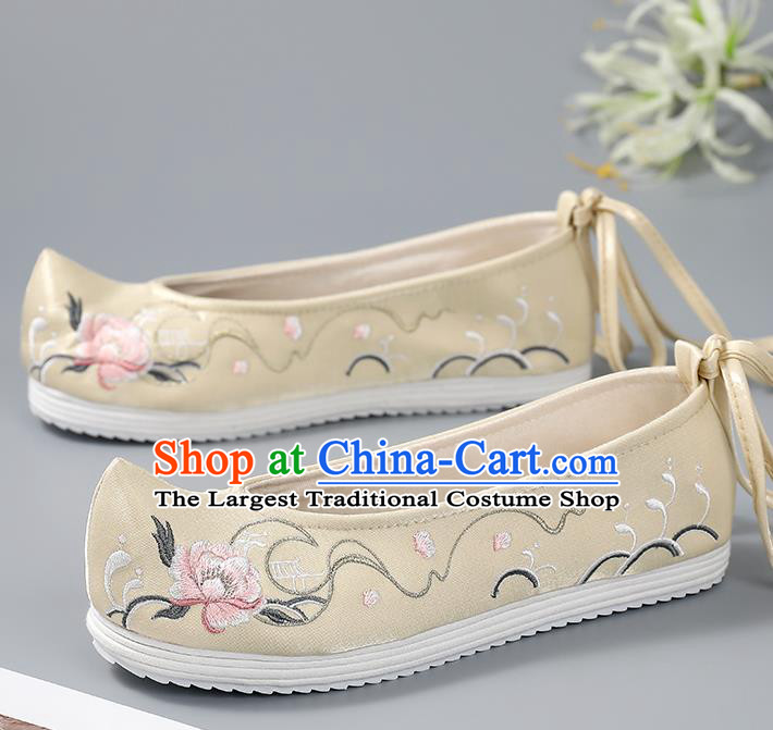 China Handmade Light Yellow Cloth Shoes Ancient Princess Bow Shoes Traditional Embroidered Shoes Hanfu Shoes