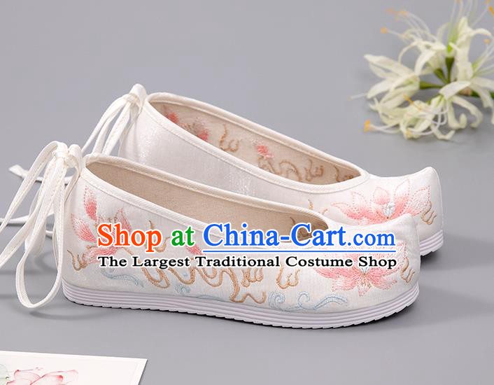 China Handmade White Cloth Shoes Ancient Princess Shoes Hanfu Bride Shoes Embroidered Lotus Shoes