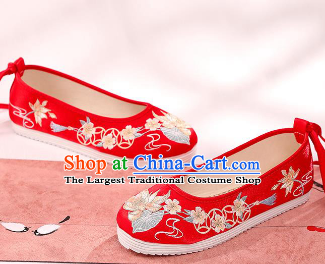China Bride Shoes Hanfu Shoes Traditional Cloth Shoes Handmade Shoes Embroidered Lotus Shoes Wedding Shoes