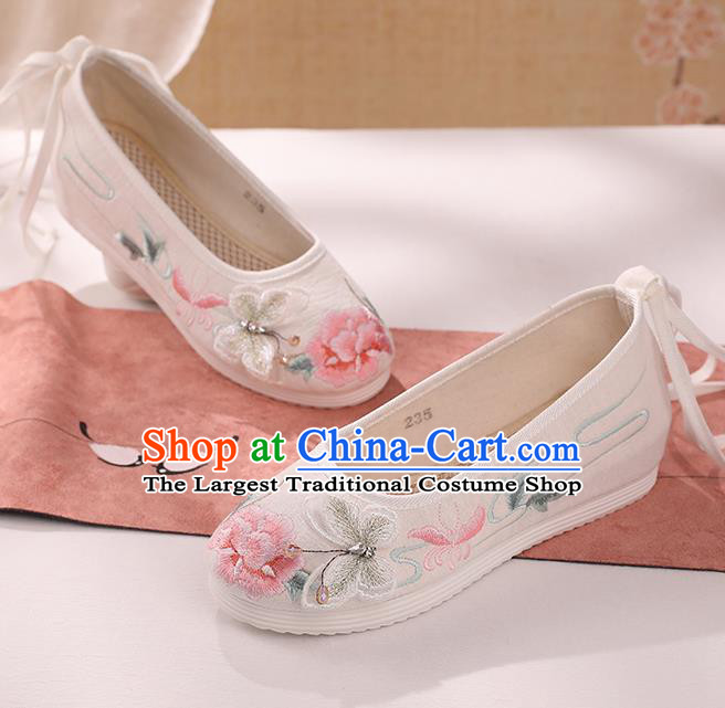 Top China Handmade National Shoes Embroidered Butterfly Peony Shoes Traditional Hanfu White Cloth Shoes