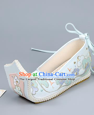 China Ming Dynasty Court Shoes Embroidered Cloud Shoes Traditional Hanfu Shoes Light Blue Shoes