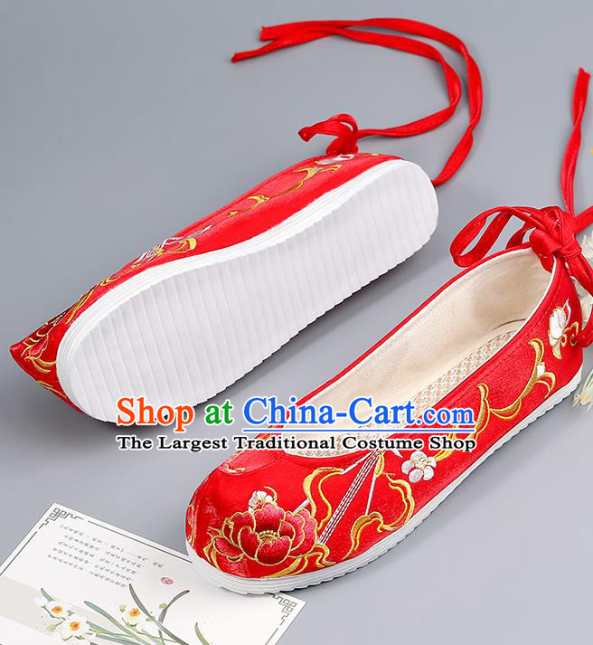 Traditional China Wedding Shoes Handmade Shoes National Shoes Red Cloth Shoes Embroidered Peony Shoes Bride Shoes