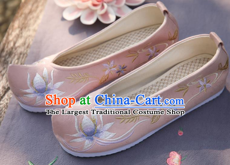 Traditional China Hanfu Shoes Handmade Shoes National Shoes Cloth Shoes Embroidered Lotus Pink Shoes