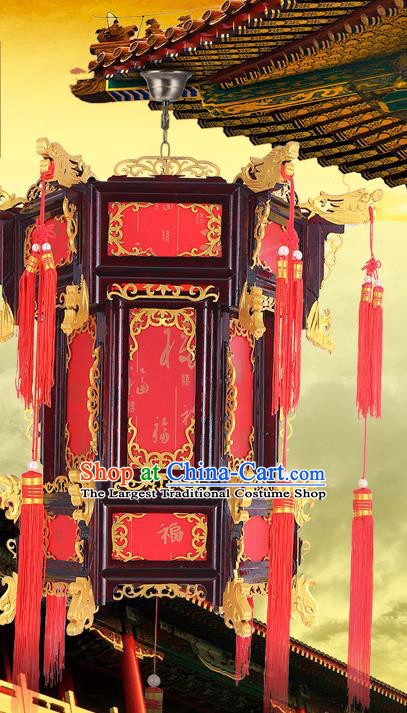 Chinese Golden Dragon Head Hanging Lamp Classical Red Lanterns Traditional New Year Palace Lantern Handmade Wood Lantern