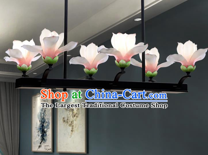 Traditional Chinese Classical Lanterns Pink Magnolia Ceiling Lamp Handmade Dining Room Lantern Iron Art Six Pieces Light Lamp