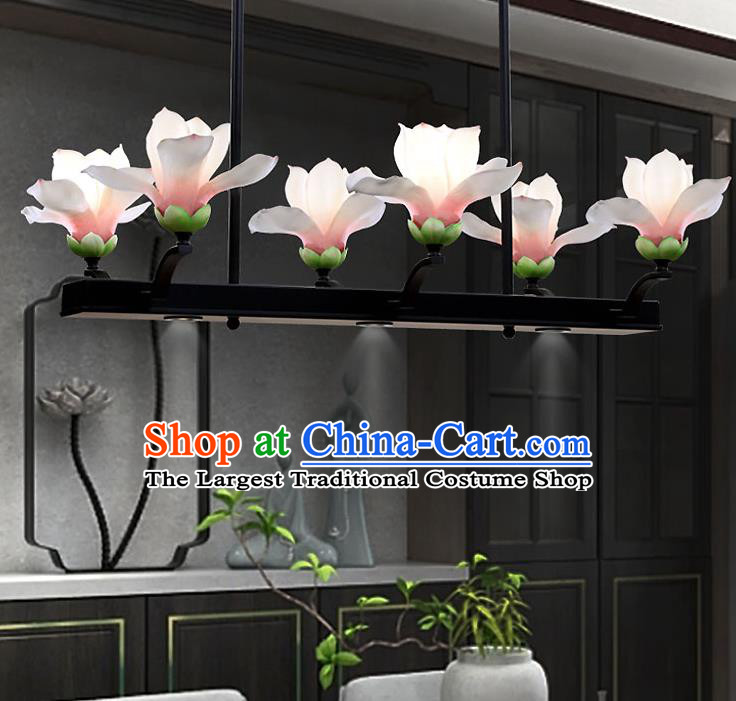 Traditional Chinese Classical Lanterns Pink Magnolia Ceiling Lamp Handmade Dining Room Lantern Iron Art Six Pieces Light Lamp