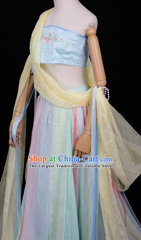 Chinese Cosplay Classical Dance Costumes Ancient Dunhuang Flying Apsaras Blue Hanfu Dress Top and Skirt for Women