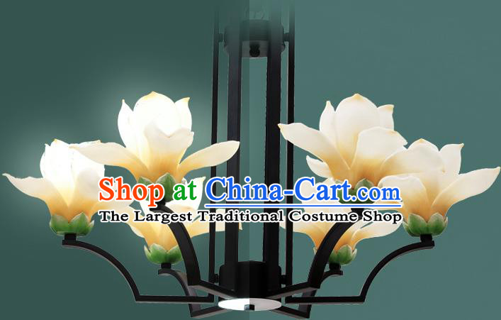 Chinese Traditional Living Room Yellow Mangnolia Lamp Handmade Classical Six Pieces Light Lanterns Iron Art Ceiling Lantern