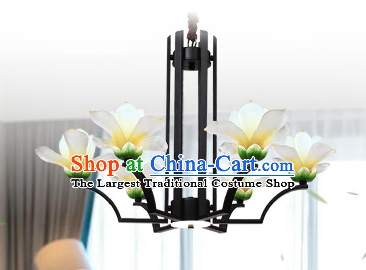 Chinese Traditional Living Room Yellow Mangnolia Lamp Handmade Classical Six Pieces Light Lanterns Iron Art Ceiling Lantern