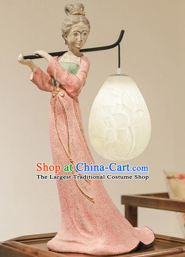 China Handmade Traditional Limestone Home Decorations Palace Lady Table Lamp Spring Festival Beauty Desk Lantern Carving Lotus Light