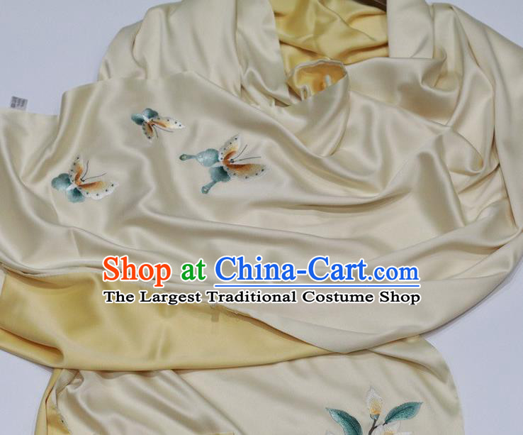 China Traditional Beige Silk Scarf Embroidered Tippet Embroidery Magnolia Craft Cappa