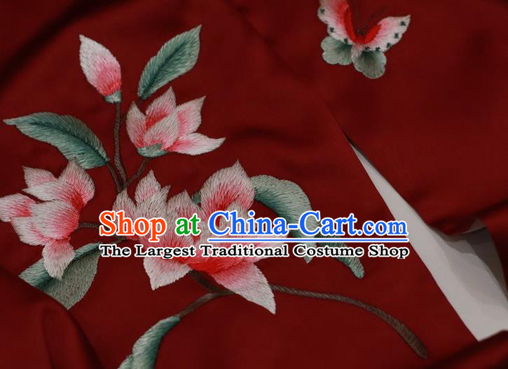 China Embroidery Magnolia Craft Cappa Wine Red Silk Scarf Traditional Embroidered Tippet