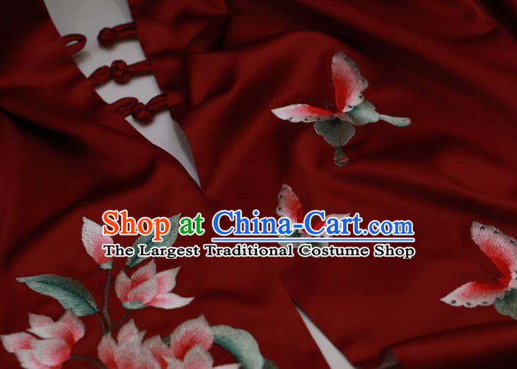 China Embroidery Magnolia Craft Cappa Wine Red Silk Scarf Traditional Embroidered Tippet