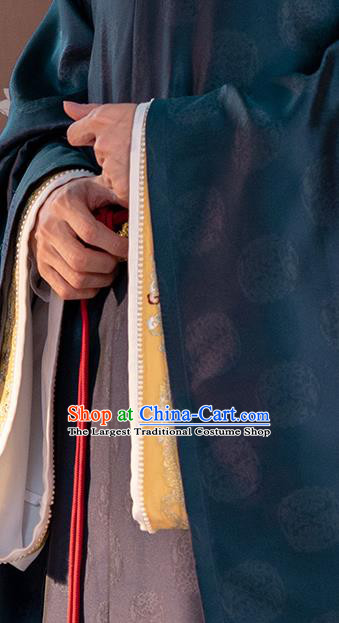 Traditional China Song Dynasty Emperor Zhao Zhen Hanfu Clothing Ancient Imperator Costumes Navy Robe and Pants Full Set