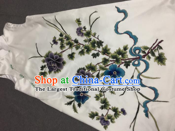 China Women National Clothing Embroidered White Silk Qipao Dress Vest Cheongsam