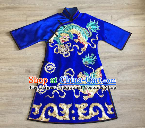 China Embroidered Lion Royalblue Silk Qipao Dress Women National Clothing Tang Suit Cheongsam