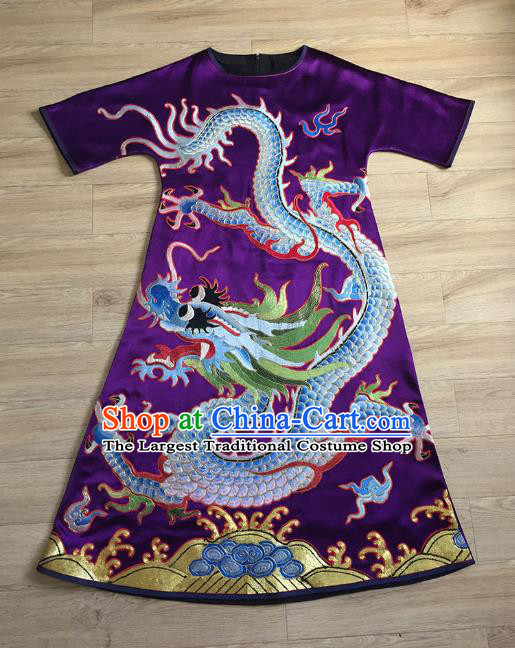 China Tang Suit Cheongsam Women National Clothing Embroidered Dragon Purple Silk Qipao Dress
