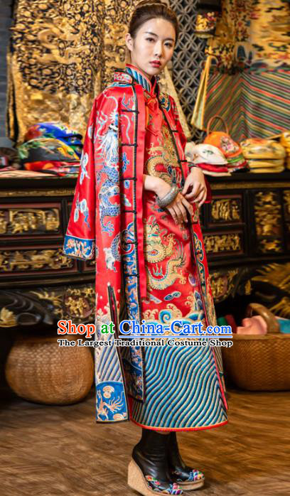 Chinese Embroidered Red Brocade Dust Coat Tang Suit Outer Garment National Costume Apparels