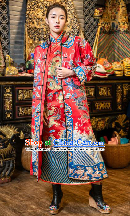Chinese Embroidered Red Brocade Dust Coat Tang Suit Outer Garment National Costume Apparels