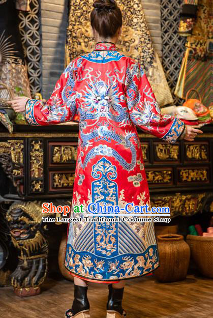 Chinese Embroidered Red Brocade Dust Coat Tang Suit Outer Garment National Costume Apparels