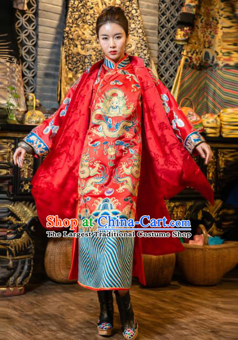 Chinese Embroidered Red Brocade Dust Coat Tang Suit Outer Garment National Costume Apparels