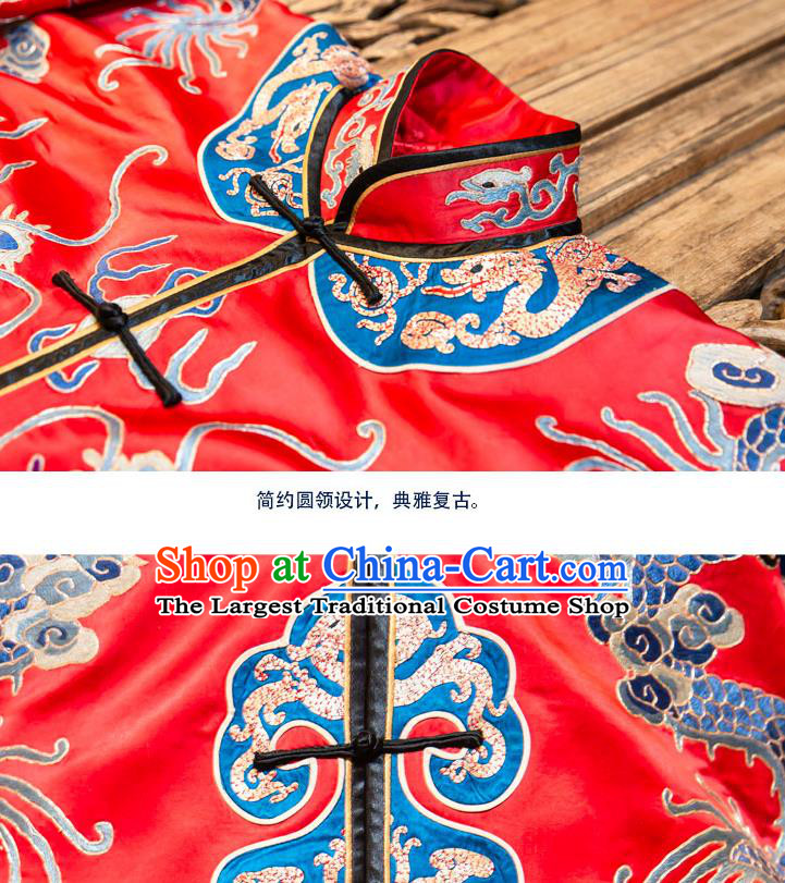 Chinese Embroidered Red Brocade Dust Coat Tang Suit Outer Garment National Costume Apparels