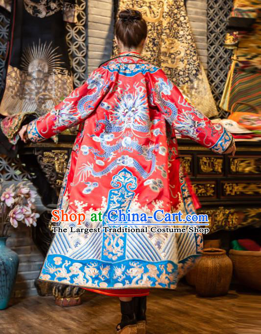Chinese Embroidered Red Brocade Dust Coat Tang Suit Outer Garment National Costume Apparels