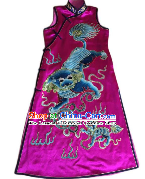 China Tang Suit Sleeveless Cheongsam Women National Clothing Embroidered Rosy Silk Silk Qipao Dress Costume