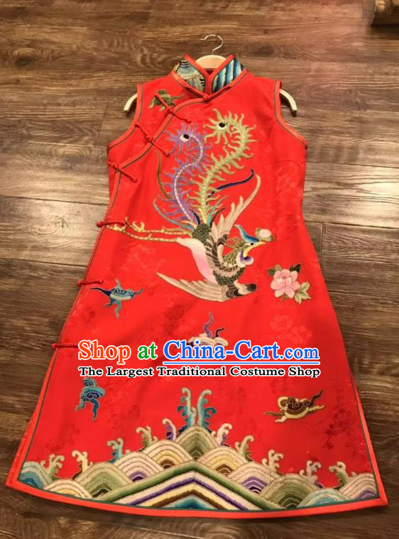 China Embroidered Phoenix Red Silk Qipao Dress Costume Tang Suit Sleeveless Cheongsam Women National Clothing