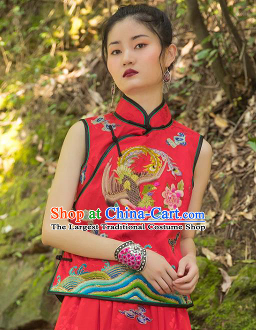 China Embroidery Phoenix Vest National Clothing Tang Suit Costumes Women Red Brocade Waistcoat