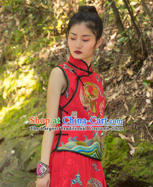 China Embroidery Phoenix Vest National Clothing Tang Suit Costumes Women Red Brocade Waistcoat