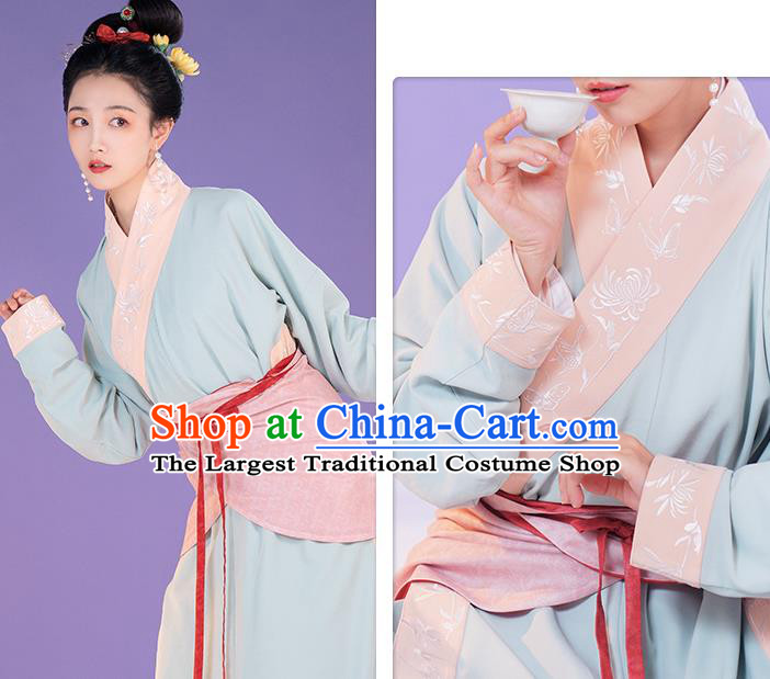 China Ancient Song Dynasty Apparels Country Woman Clothing Blue Hanfu Dress Complete Set