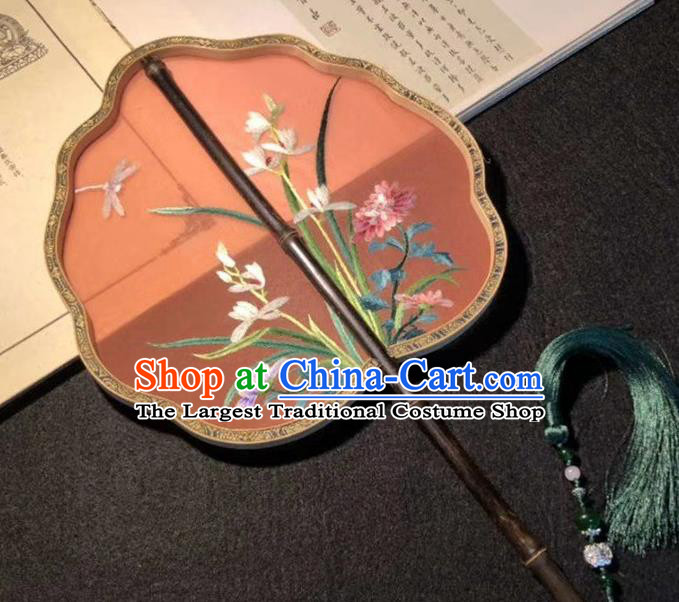 China Suzhou Embroidery Orchids Double Side Fan Palace Fan Classical Dance Silk Fans Ancient Black Bamboo Fan