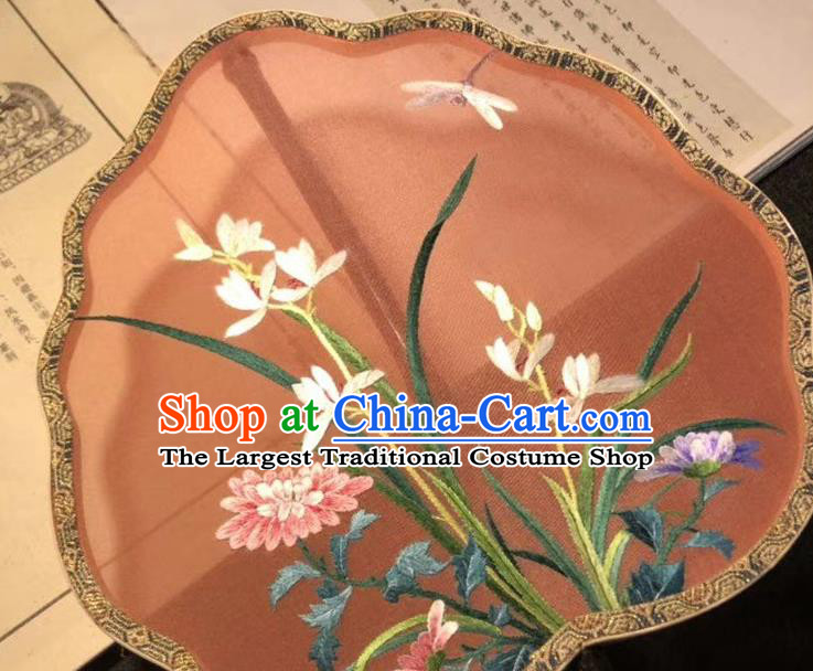 China Suzhou Embroidery Orchids Double Side Fan Palace Fan Classical Dance Silk Fans Ancient Black Bamboo Fan