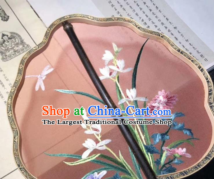 China Suzhou Embroidery Orchids Double Side Fan Palace Fan Classical Dance Silk Fans Ancient Black Bamboo Fan