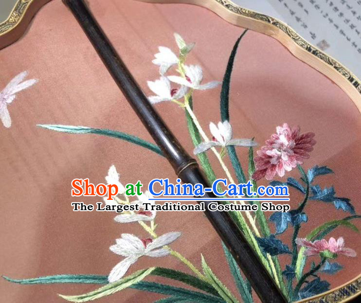 China Suzhou Embroidery Orchids Double Side Fan Palace Fan Classical Dance Silk Fans Ancient Black Bamboo Fan