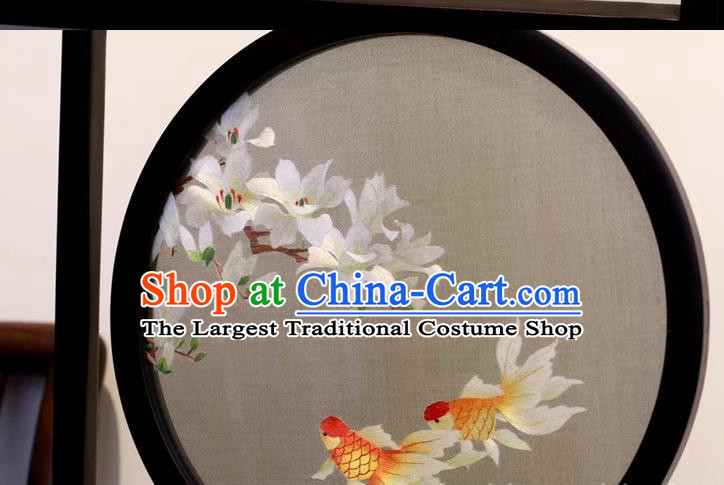 China Suzhou Embroidered Mangnolia Goldfish Rosewood Desk Screen Handmade Table Ornament Embroidery Craft