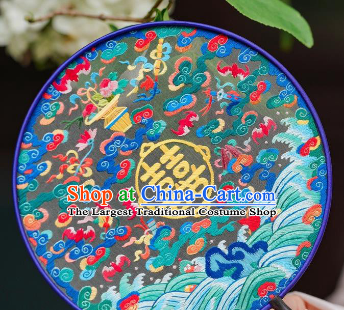 China Ancient African Blackwood Palace Fan Wedding Fan Classical Dance Double Side Silk Fans Suzhou Embroidery Fan