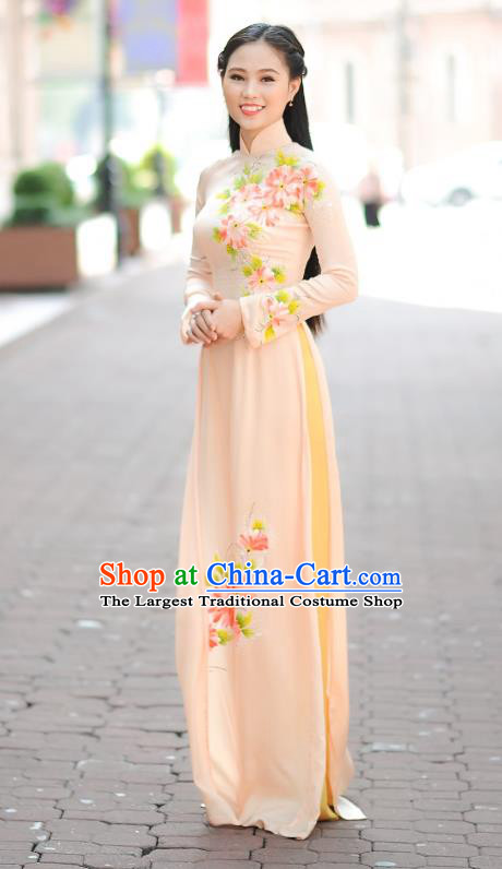 Asian Vietnam Traditional Costumes Vietnamese Classical Aodai Qipao Dress Hand Painting Flowers Beige Cheongsam and Pants for Women